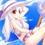  1girl bikini bracelet broom broom_riding clouds flying hand_on_headwear hat hikataso innertube jewelry long_hair ocean pangya red_eyes side-tie_bikini silver_hair sky solo swimsuit tiki water 