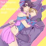  1boy 1girl blonde_hair caesar_anthonio_zeppeli company_connection cosplay dark_magician dark_magician_(cosplay) dark_magician_girl dark_magician_girl_(cosplay) facial_mark genderswap green_eyes jojo_no_kimyou_na_bouken joseph_joestar_(young) parody purple_hair shounen_jump staff youna000 yuu-gi-ou yuu-gi-ou_duel_monsters 