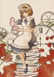  1girl apron book_stack brown_eyes brown_hair clock cup floral_print flower full_body gears highres maid original outline plate pouring roman_numerals rose sheepd sitting solo teacup teapot thorns vines 