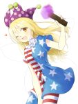  1girl american_flag_legwear american_flag_shirt blonde_hair clownpiece fairy_wings hat highres jester_cap long_hair one_eye_closed open_mouth pantyhose smile solo torch touhou tsuno_no_hito very_long_hair wings yellow_eyes 