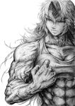  1girl abs breasts cleavage clenched_hand collarbone commentary_request greyscale horn hoshiguma_yuugi imizu_(nitro_unknown) long_hair manly monochrome muscle sketch solo touhou veins 