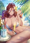  1girl alcohol beach bikini bird blue_eyes bottle breasts brown_hair champagne clouds curly_hair flower glass hair_between_eyes hair_flower hair_ornament large_breasts lens_flare light_rays long_hair looking_at_viewer lying on_side original san_yu_pian seagull side-tie_bikini sky smile solo swimsuit tray water white_bikini white_swimsuit 