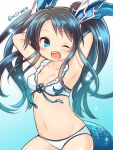  1girl ;d armpits arms_behind_head bikini blue_hair blush breasts karin_(p&amp;d) long_hair marshmallow_mille one_eye_closed open_mouth puzzle_&amp;_dragons smile solo swimsuit tail twintails twitter_username white_bikini white_swimsuit 