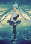  1girl aqua_eyes aqua_hair black_legwear boots commentary_request detached_sleeves hatsune_miku headset highres long_hair miwasiba nail_polish necktie rain skirt sleeveless solo standing standing_on_water thigh-highs thigh_boots twintails very_long_hair vocaloid zettai_ryouiki 