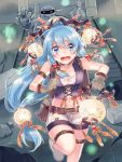  1girl arm_strap belt blue_eyes blue_hair breasts cleavage gloves lantern long_hair midriff mummy official_art paper_lantern shina_shina shorts tenka_touitsu_chronicle thigh_strap 