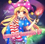  1girl album_cover american_flag_legwear american_flag_shirt blonde_hair blush clownpiece cover english fairy_wings hat jester_cap long_hair looking_at_viewer moon open_mouth pantyhose print_legwear red_eyes ruhika short_sleeves smile solo star striped text touhou wings 