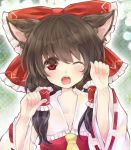  1girl ;o animal_ears ascot baru_(br_2333) blush brown_hair cat_ears checkered checkered_background detached_sleeves fang green_background hair_ribbon hair_tubes hakurei_reimu japanese_clothes kemonomimi_mode long_sleeves looking_at_viewer miko one_eye_closed open_mouth paw_pose red_eyes ribbon short_hair solo touhou upper_body wide_sleeves 