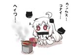  1girl blush_stickers chibi commentary_request fan gomasamune grill grilling kantai_collection musical_note northern_ocean_hime red_eyes saury sitting sketch solo spoken_musical_note translated white_hair 