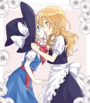  2girls alice_margatroid apron ascot blonde_hair blue_eyes blush braid couple hair_ribbon hairband hat hat_removed headwear_removed incipient_kiss kirisame_marisa long_hair multiple_girls open_mouth ribbon sash short_hair side_braid touhou tsuno_no_hito waist_apron witch_hat yellow_eyes yuri 