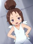  1girl blush brown_hair bubukka character_request dress hair_bun hands_on_hips looking_at_viewer monster_strike open_mouth solo violet_eyes white_dress 