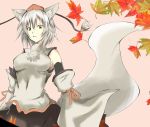  1girl animal_ears autumn_leaves breasts detached_sleeves hat highres inubashiri_momiji kiseki_(pixiv741925) leaf looking_at_viewer nature open_mouth pink_background pom_pom_(clothes) short_hair silver_hair simple_background skirt solo tail tokin_hat touhou tree_branch wolf_ears wolf_tail 