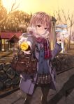  1girl bag blush brown_eyes brown_hair food giving highres jacket looking_at_viewer matsuryuu original pantyhose plaid plaid_scarf plaid_skirt pov_feeding scarf school_uniform short_hair shrine skirt solo stone_lantern sweet_potato torii 