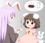  2girls :3 animal_ears bebeneko brown_hair bunny_tail carrot_necklace commentary dress food food_on_face inaba_tewi long_hair long_sleeves multiple_girls ohagi_(food) open_mouth pink_dress plate purple_hair rabbit_ears reisen_udongein_inaba short_hair short_sleeves sweat tail touhou translated |_| 