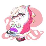  +_+ 1girl boots commentary_request fangs gloves hotaru_(splatoon) object_on_head octarian octopus octotrooper official_art pink_eyes simple_background smile splatoon upper_body white_background white_gloves 
