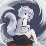  1girl animal_ears barefoot detached_sleeves from_behind full_body hat hidarikata inubashiri_momiji japanese_clothes long_sleeves looking_at_viewer looking_back red_eyes shirt short_hair silver_hair sitting skirt smile solo tail tokin_hat touhou wide_sleeves wolf_ears wolf_tail 