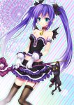  1girl aqua_eyes armlet bare_shoulders bat_wings bell bell_collar black_legwear blush bow cat collar collarbone commentary_request dress frilled_dress frilled_skirt frills garter_straps gloves hair_bow hino_(mooncalf+t) magical_girl original purple_hair skirt smile solo staff thigh-highs twintails white_gloves wings 