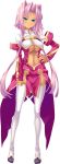  1girl absurdres aqua_eyes blue_eyes blush breasts center_opening cleavage dark_skin detached_sleeves dress facial_mark forehead_mark full_body hair_intakes hand_on_hip highres hikage_eiji koihime_musou light_smile long_hair long_sleeves looking_at_viewer navel no_panties pink_hair simple_background sleeves_past_wrists solo sonken tan thigh-highs under_boob white_background white_legwear 