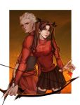  1boy 1girl archer arrow bow_(weapon) brown_hair danial dark_skin fate/stay_night fate_(series) highres jewelry necklace tohsaka_rin toosaka_rin two_side_up weapon white_hair 