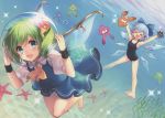  &gt;_&lt; 2girls :d absurdres arms_up barefoot blue_dress blue_eyes blue_hair blush bubble cirno closed_eyes crease daiyousei dress fairy_wings full_body green_hair hair_ornament hair_ribbon highres huge_filesize ice ice_wings inkling looking_at_viewer masaru.jp multiple_girls one-piece_swimsuit open_mouth puffy_sleeves ribbon scan scan_artifacts short_hair short_sleeves side_ponytail smile sparkle splatoon squid starfish swimsuit touhou underwater water wings wrist_cuffs 