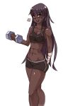  1girl :d abs amputee bike_shorts black_hair blush breasts brown_eyes cleavage dark_skin dumbbell exercise katawa_shoujo long_hair looking_at_viewer miura_miki navel open_mouth rtil simple_background smile solo sports_bra sweat toned very_long_hair white_background 