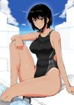 1girl absurdres black_hair brown_eyes competition_swimsuit harukon_(halcon) highres one-piece_swimsuit original short_hair sitting swimsuit thighs 