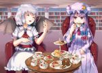  2girls ascot bat_wings bookshelf bow capelet closed_eyes crescent cup dish dress fang hair_bow hair_ornament hat highres kujou_natsume lavender_hair long_hair long_sleeves looking_at_another mob_cap multiple_girls no_hat open_mouth patchouli_knowledge pointy_ears puffy_sleeves purple_dress purple_hair remilia_scarlet ribbon sash shirt short_hair short_sleeves sitting skirt skirt_set smile spoon striped striped_dress sweets table teacup teapot tiered_tray touhou tray vest violet_eyes wings 