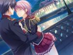  1boy 1girl black_hair closed_eyes game_cg kisaki_mio mizuno_takahiro night pink_hair short_hair uniform walkure_romanze 