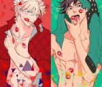  2boys blonde_hair brown_hair caesar_anthonio_zeppeli facial_mark green_eyes hoodie jacket jojo_no_kimyou_na_bouken joseph_joestar_(young) koeri lipstick_mark multiple_boys red_jacket 