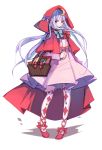  1girl alternate_costume basket benghuai_7 book cosplay crescent_hair_ornament dress full_body hair_ornament highres hood little_red_riding_hood little_red_riding_hood_(cosplay) little_red_riding_hood_(grimm) long_hair long_sleeves looking_at_viewer multicolored_legwear pantyhose patchouli_knowledge print_legwear purple_dress purple_hair ribbon shoes simple_background solo thigh-highs touhou violet_eyes white_background 