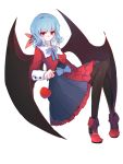  1girl alternate_costume apple bat_wings benghuai_7 black_legwear blue_hair blush boots dress food frills fruit full_body hair_ribbon highres layered_dress long_sleeves looking_to_the_side pantyhose red_eyes remilia_scarlet ribbon short_hair simple_background smile solo touhou vest white_background wings 