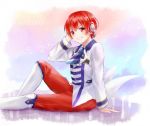  1boy arm_support bandaid bandaid_on_face boots character_name hand_on_headphones headphones kano_akira_(vocaloid) male_focus musical_note pants red_eyes red_pants redhead school_uniform single_vertical_stripe sitting smile solo tsukimi_(tsukim512) vocaloid 