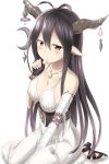  1girl antenna_hair bandages black_gloves black_hair blush breasts cleavage danua fingerless_gloves gloves granblue_fantasy highres horns long_hair nedia_r pointy_ears red_eyes simple_background solo thumb_sucking white_background 