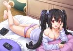  1girl :d bare_legs barefoot black_hair bow bow_panties brand_name_imitation breasts cellphone cleavage collarbone hand_on_own_cheek handheld_game_console kazenokaze long_hair long_sleeves lying nintendo_ds off_shoulder on_bed on_stomach open_mouth original panties phone pillow pink_panties playstation_portable red_eyes smartphone smile snorlax stuffed_animal stuffed_toy sweater twintails two_side_up underwear 