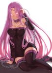  1girl bare_shoulders boots breasts cleavage collar detached_sleeves dress facial_mark fate/hollow_ataraxia fate/stay_night fate_(series) forehead_mark garutaisa highres long_hair purple_hair rider solo thigh-highs thigh_boots very_long_hair violet_eyes 