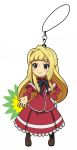  1girl blonde_hair chibi dress glove_removed gloves gundam gundam_iron-blooded_orphans half_updo hime_cut keychain kudelia_aina_bernstein long_hair nana-ine reaching_out red_dress ribbon smile violet_eyes 