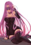  1girl bare_shoulders blindfold boots breasts cleavage collar detached_sleeves dress facial_mark fate/hollow_ataraxia fate/stay_night fate_(series) forehead_mark garutaisa highres long_hair purple_hair rider solo thigh-highs thigh_boots very_long_hair 