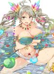  &gt;:o 1girl :o apple armlet bare_shoulders bikini blonde_hair bracelet breast_hold breasts cherry cleavage crystal de_la_fille drink drinking_straw earrings flower food fruit gradient_hair granblue_fantasy green_hair grey_eyes grey_hair hair_ornament jewelry large_breasts long_hair multicolored_hair navel necklace open_mouth rainbow_hair redhead ring sitting solo swimsuit takemura_makoto_(hakushikei) twintails water wavy_mouth 