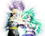  1boy 1girl back-to-back blue_eyes breasts clenched_hand crossover detached_sleeves dragon_ball dragon_ball_z green_hair highres kamishima_kanon kochiya_sanae large_breasts lavender_hair light long_hair open_mouth touhou trunks_(dragon_ball) 