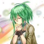  1girl breasts choker closed_eyes collar commentary_request crying duel_monster green_eyes green_hair hair_ornament hairband hands_clasped inshou jacket medallion ponytail praying solo streaming_tears tears upper_body winda_priestess_of_gusto yuu-gi-ou 