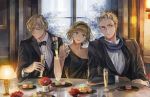  1girl 2boys 38ban alcohol arm_grab arm_rest axis_powers_hetalia bangs bare_shoulders belgium_(hetalia) black_bowtie black_dress black_gloves black_jacket blonde_hair bowtie champagne champagne_flute collarbone collared_shirt corsage cup dress dress_shirt drinking_glass earrings elbow_rest elbows_on_table flower formal gloves green_eyes hair_over_one_eye hairband head_tilt holding_cup indoors jacket jewelry lamp long_sleeves looking_at_viewer looking_away looking_to_the_side luxembourg_(hetalia) macaron multiple_boys netherlands_(hetalia) off-shoulder_dress open_mouth plate shirt short_hair sleeveless smile spiky_hair suit table toast_(gesture) tuxedo white_shirt window 