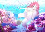  1girl barefoot blue_eyes bubble coral fish freediving highres long_hair mihara_shoku ocean original pajamas pants pink_hair short_sleeves solo starfish underwater 