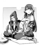  1boy 1girl assassin_(fate/stay_night) breasts campfire cleavage fate/grand_order fate/stay_night fate_(series) food grin haori japanese_clothes long_hair midriff mochi navel ponytail saint_martha sitting smile sweatdrop syatey wagashi 