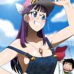  1boy 1girl alternate_form arm_up black_hair blue_eyes blush breasts cleavage clothes_writing dr._slump facial_hair glasses grin highres jewelry kakkii large_breasts long_hair mustache naked_overalls necklace no_bra norimaki_arale norimaki_senbei overalls purple_hair sideboob smile solo_focus strap_slip translation_request 