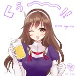  1girl 2015 alcohol ashigara_(kantai_collection) beer brown_eyes brown_hair dated hair_ornament hairband kantai_collection long_hair mamekosora solo 