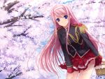  1girl ahoge bangs blue_eyes blush cherry_blossoms closed_mouth epaulettes feet_out_of_frame female game_cg hairband hand_on_own_leg hand_on_own_thigh jacket kisaki_mio long_hair long_sleeves looking_at_viewer outdoors pink_hair pleated_skirt red_skirt school_uniform skirt solo tree two-tone_skirt uniform walkure_romanze 