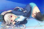  1girl black_legwear headphones krt_girls long_hair lying nana_(krt_girls) on_side red_eyes shinia silver_hair solo thigh-highs 