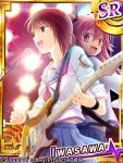  2girls angel_beats! back-to-back card_(medium) guitar hamada_mari instrument iwasawa long_hair microphone multiple_girls pink_eyes pink_hair red_eyes redhead school_uniform serafuku short_hair sleeves_rolled_up yui_(angel_beats!) 