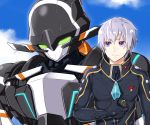  1boy chamber_(suisei_no_gargantia) ledo_(suisei_no_gargantia) mecha short_hair silver_hair sky smile suisei_no_gargantia violet_eyes 