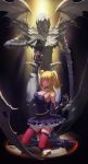  1girl amane_misa blonde_hair breasts death_note death_note_(object) fingerless_gloves frilled_skirt frills garter_straps gloves highres kneeling nail_polish red_eyes rem san_yu_pian shinigami skirt thigh-highs two_side_up yellow_eyes 