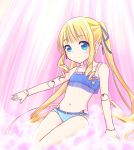  1girl blonde_hair blue_bra blue_eyes blue_panties blue_ribbon bra cinderella_bust curly_hair doll_joints eki_mirin flat_chest hair_ribbon highres long_hair looking_at_viewer navel outstretched_arm panties ribbon rozen_maiden shinku solo twintails underwear underwear_only very_long_hair 
